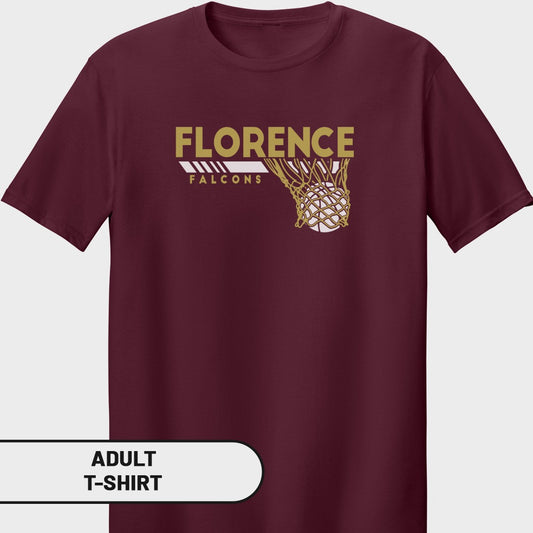 Maroon t-shirt with "FLORENCE FALCONS" text and a basketball in a net graphic.