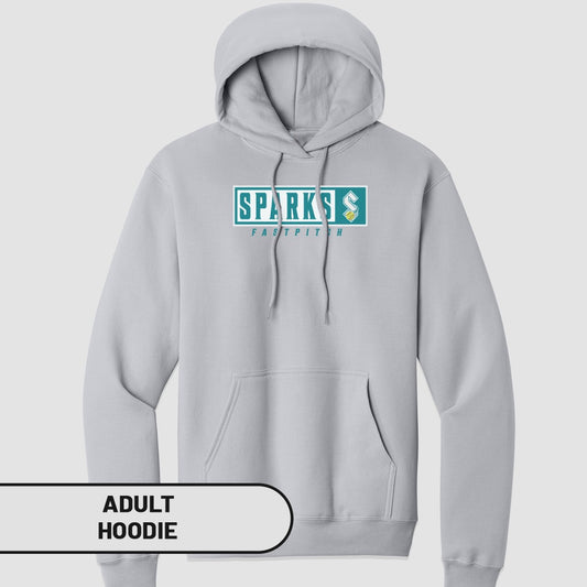 Gray adult hoodie with "SPARKS FASTPITCH" logo on chest.