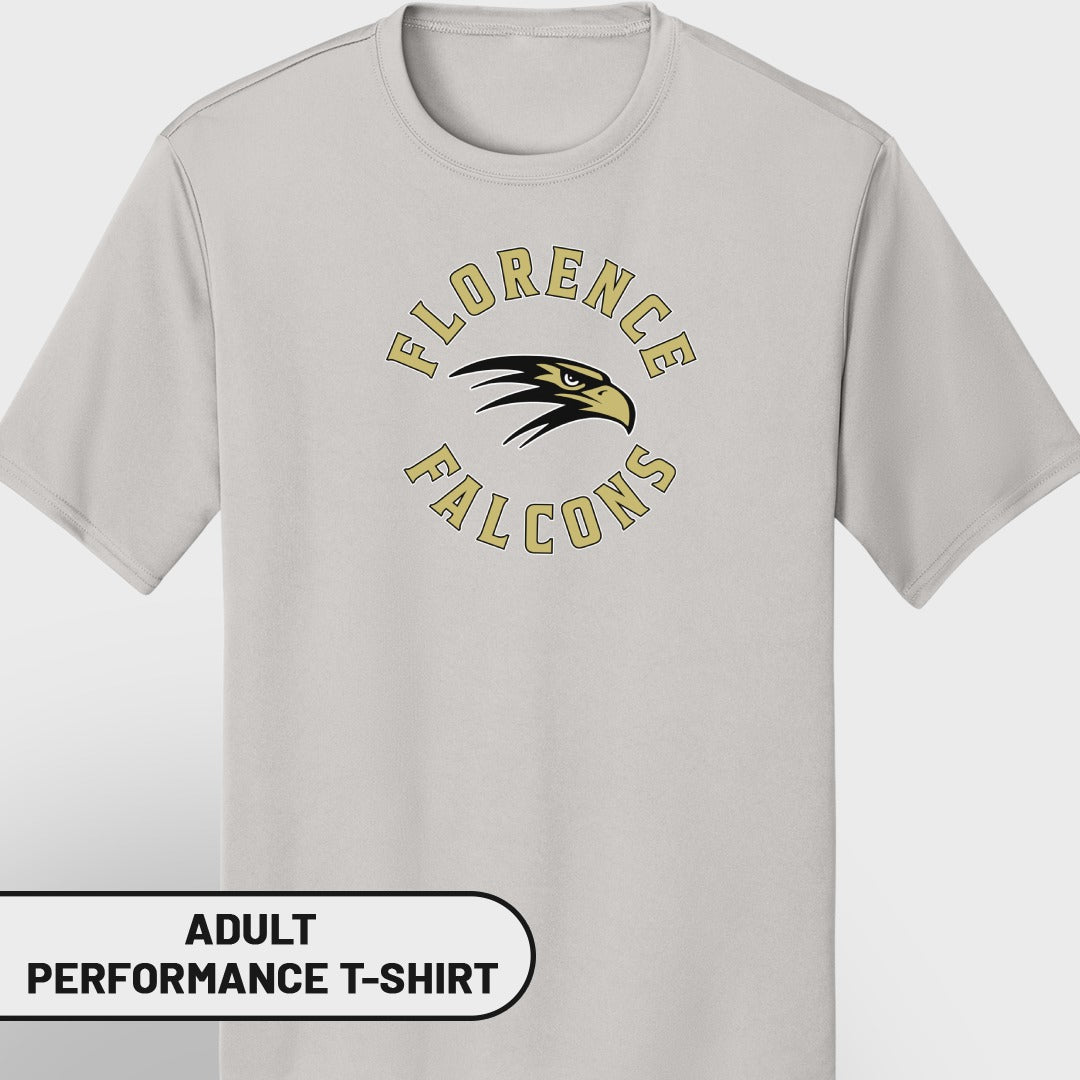Light gray adult performance t-shirt with Florence Falcons logo.