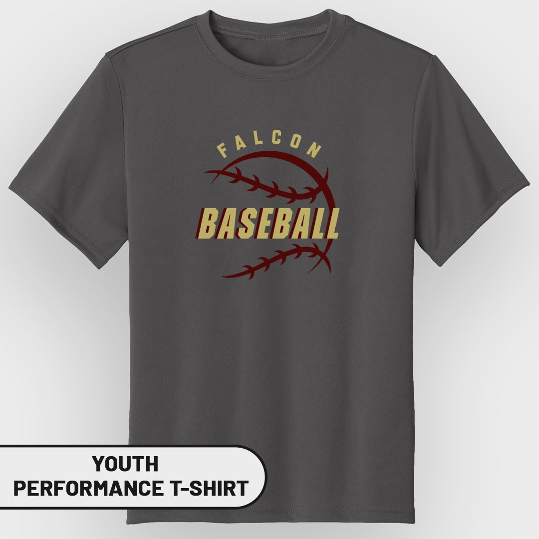 Youth performance t-shirt with "FALCON BASEBALL" text and baseball graphic.