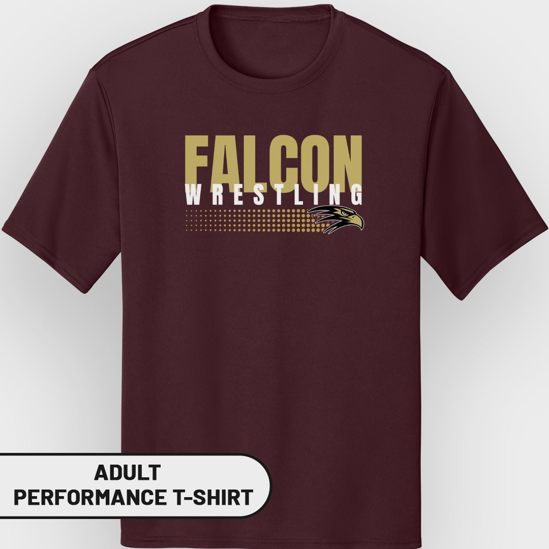 Maroon adult performance t-shirt with "FALCON WRESTLING" and eagle graphic.