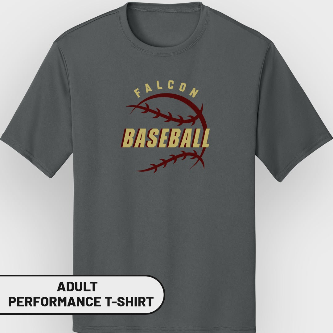 Dark gray adult performance t-shirt with "FALCON BASEBALL" baseball graphic.