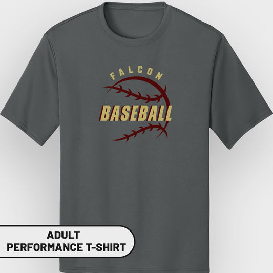 Dark gray adult performance t-shirt with "FALCON BASEBALL" baseball graphic.