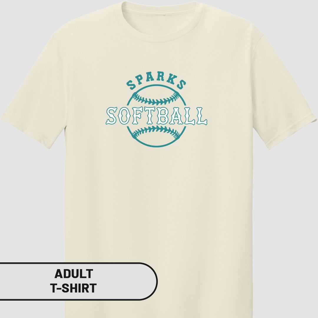 Adult t-shirt with "SPARKS SOFTBALL" text in a baseball outline.