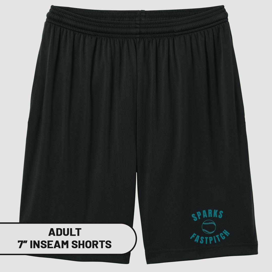 Black athletic shorts with "SPARKS FASTPITCH" logo and "ADULT 7" INSEAM SHORTS" text.