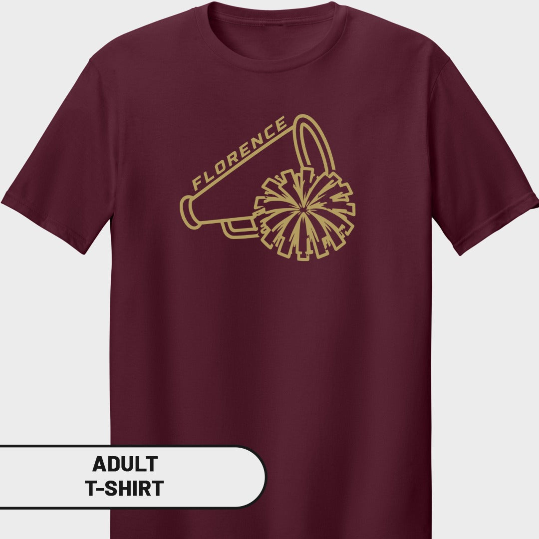 Maroon adult t-shirt with gold outline of megaphone and pom-pom, "FLORENCE" text.