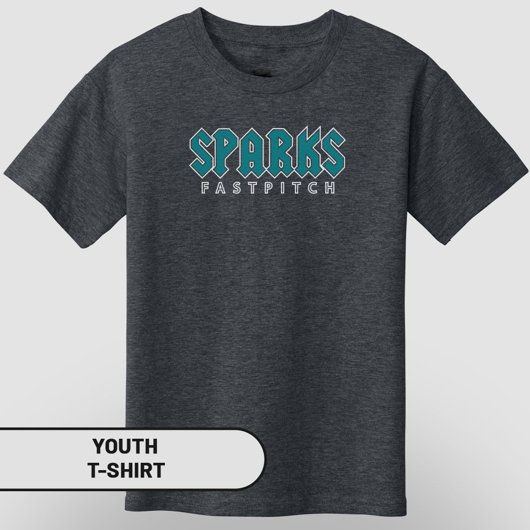 Youth t-shirt with "SPARKS FASTPITCH" in teal and white lettering.