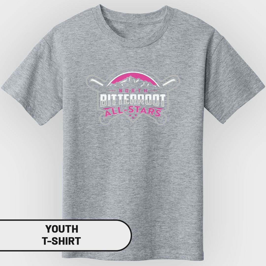 Youth t-shirt with "North Bitterroot All-Stars" logo and baseball bats.