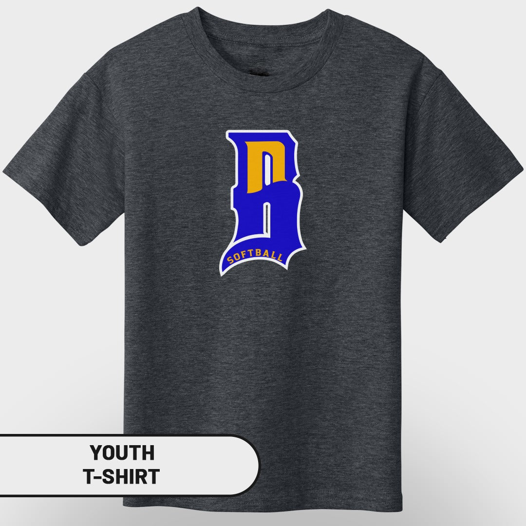 Dark gray youth t-shirt with blue and yellow "DB" softball logo.