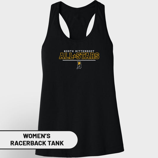 Black women's racerback tank top with "NORTH BITTERROOT ALL-STARS" text and logo.