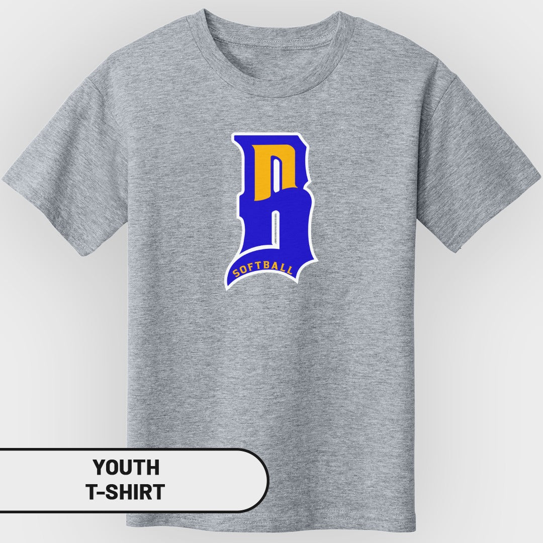 Youth gray t-shirt with a blue and yellow "DB" softball logo.