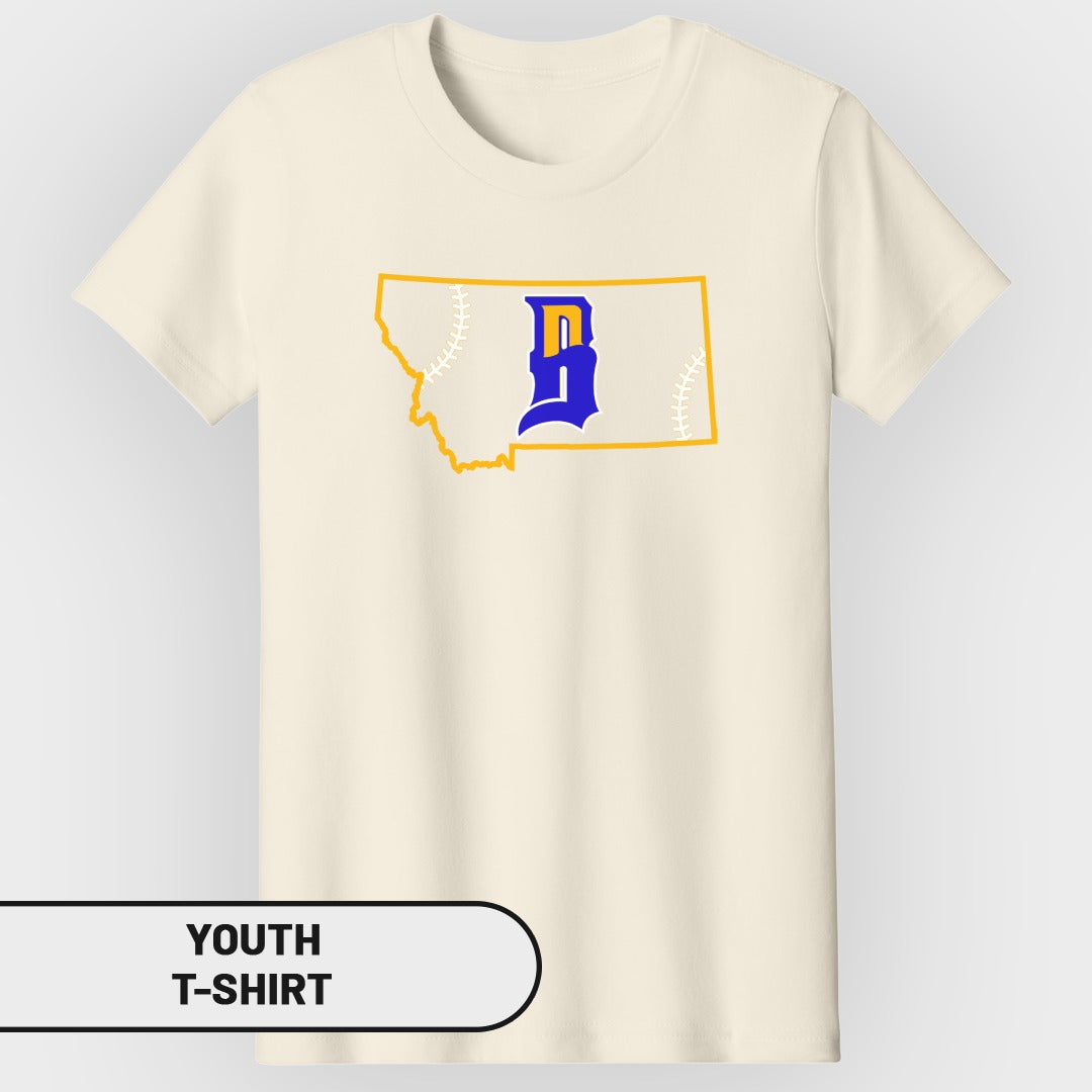 Cream youth t-shirt with Montana outline and blue "D" logo.