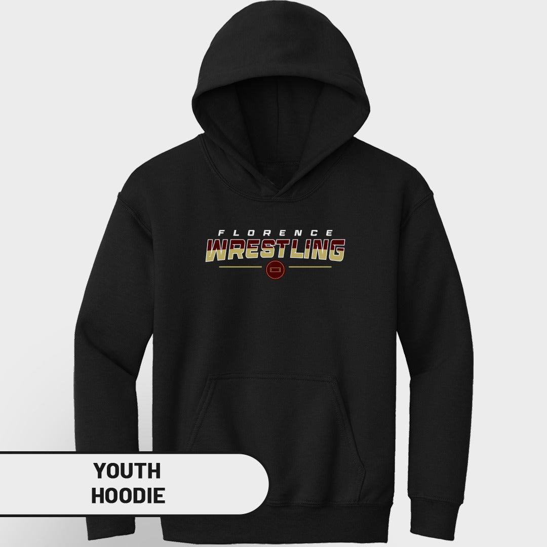 Black youth hoodie with "FLORENCE WRESTLING" text and a red circle logo.