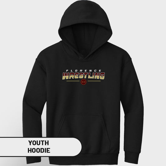 Black youth hoodie with "FLORENCE WRESTLING" text and a red circle logo.