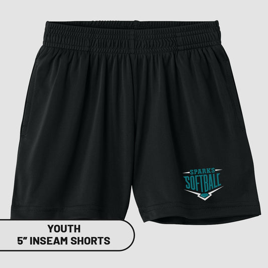 Black youth softball shorts with "Sparks Softball" logo and "5 inch inseam shorts" text.