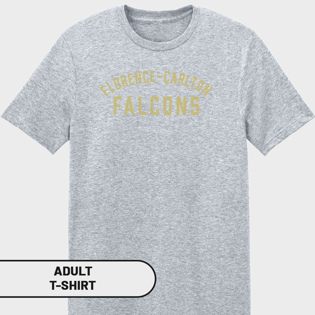 Grey adult t-shirt with "Florence-Carlton Falcons" text in gold lettering.