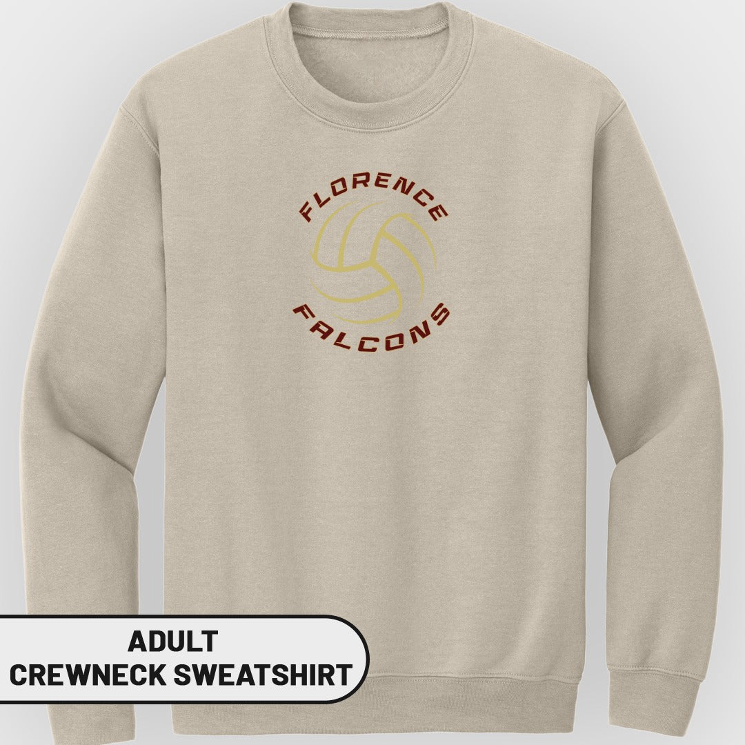 Adult crewneck sweatshirt with a volleyball graphic and "Florence Falcons" text.