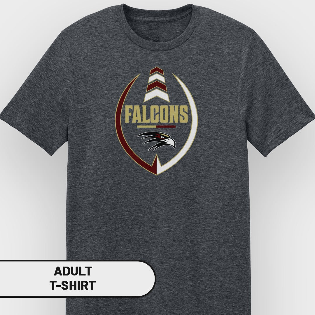 Dark grey adult t-shirt with a Falcons logo featuring an eagle and shield design.