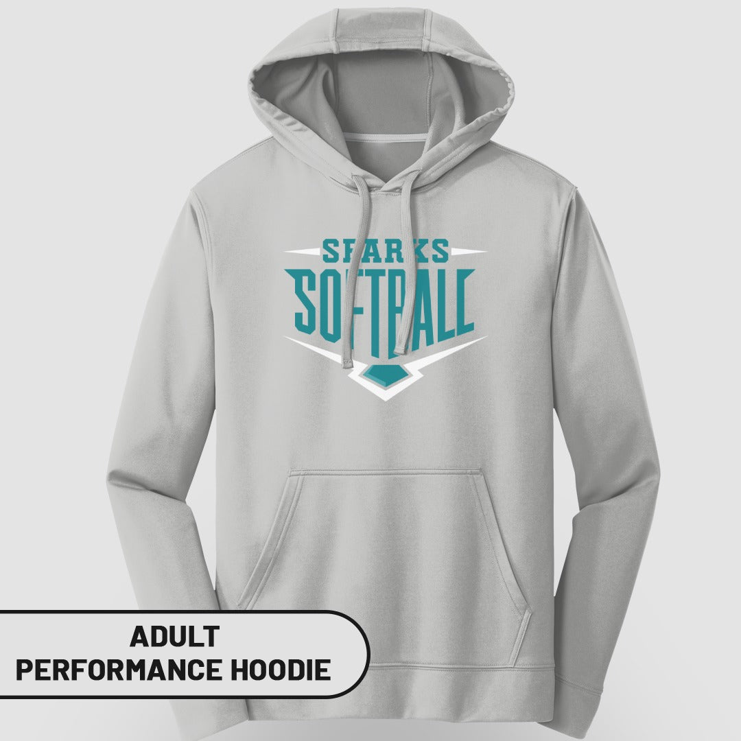 Light gray adult performance hoodie with "Sharks Softball" text and a baseball diamond graphic.