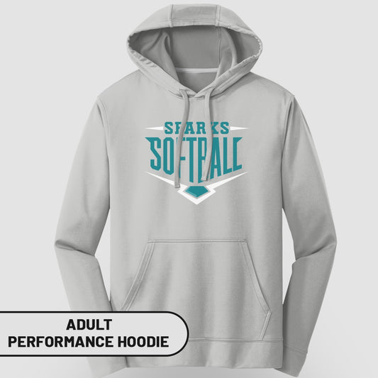 Light gray adult performance hoodie with "Sharks Softball" text and a baseball diamond graphic.