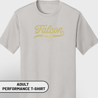 Light grey performance t-shirt with "Falcon Softball" graphic and a softball.