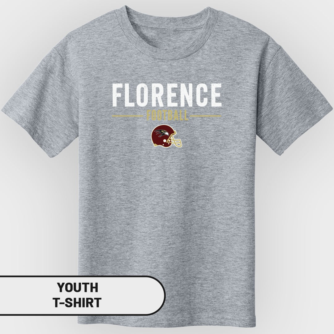 Youth t-shirt with Florence Football and a football helmet graphic.