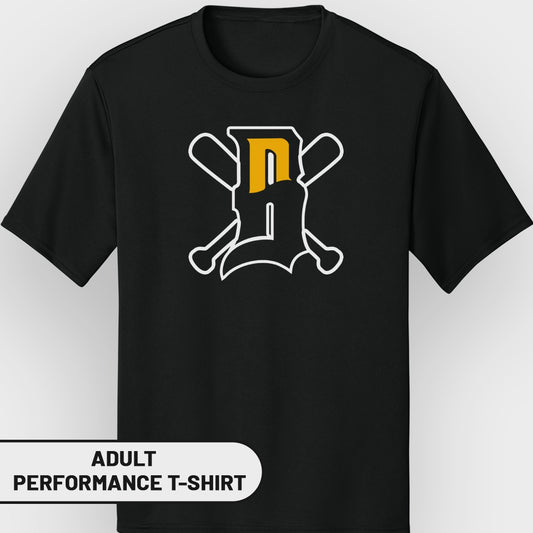 Black t-shirt with a white and yellow "DR" baseball team logo.