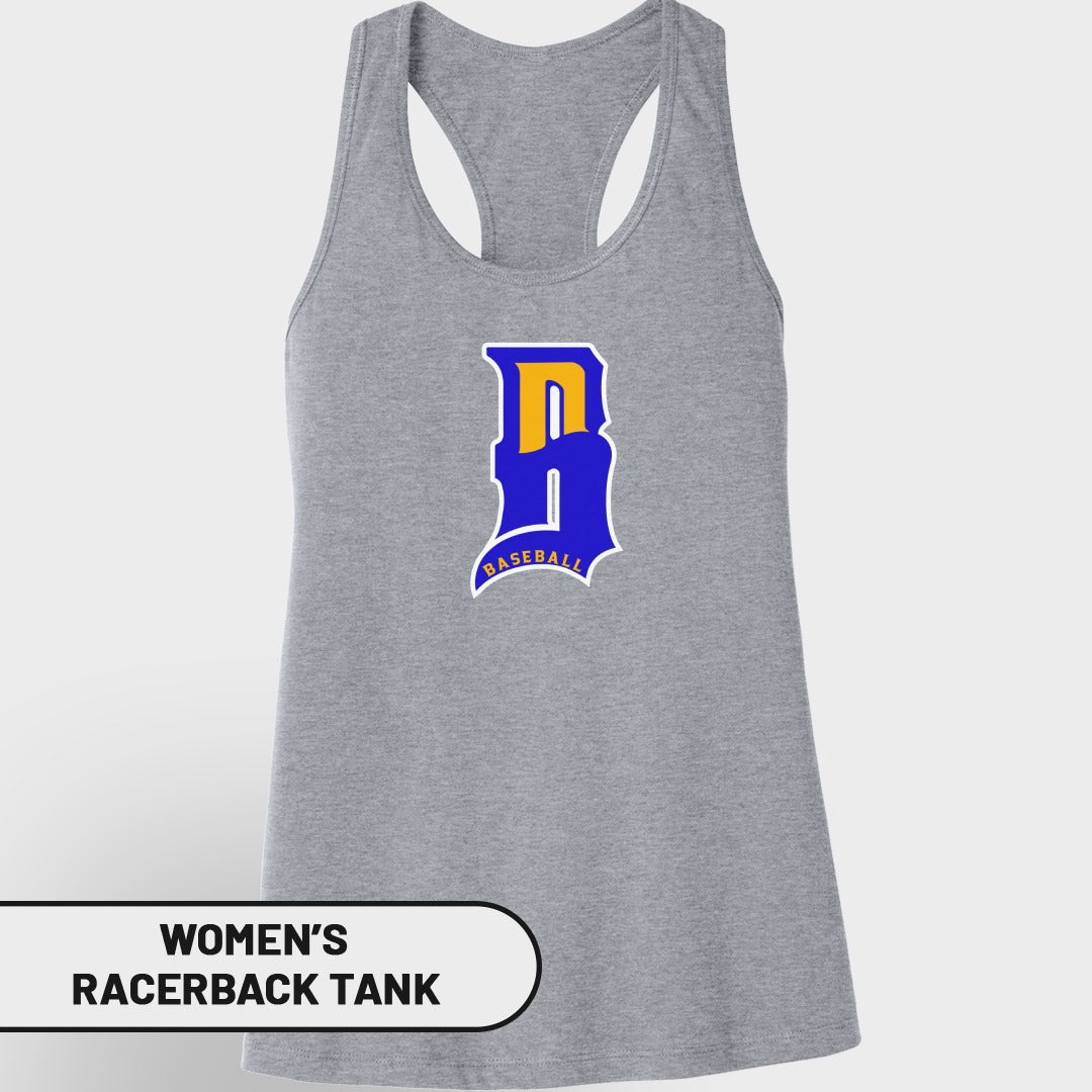 Gray women's racerback tank top with a blue and yellow "B" baseball logo.