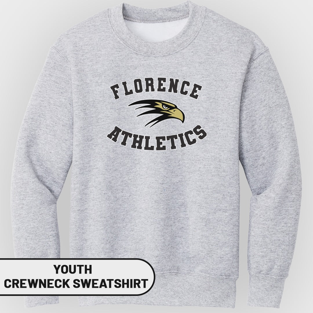 Youth grey crewneck sweatshirt with "Florence Athletics" and eagle logo.