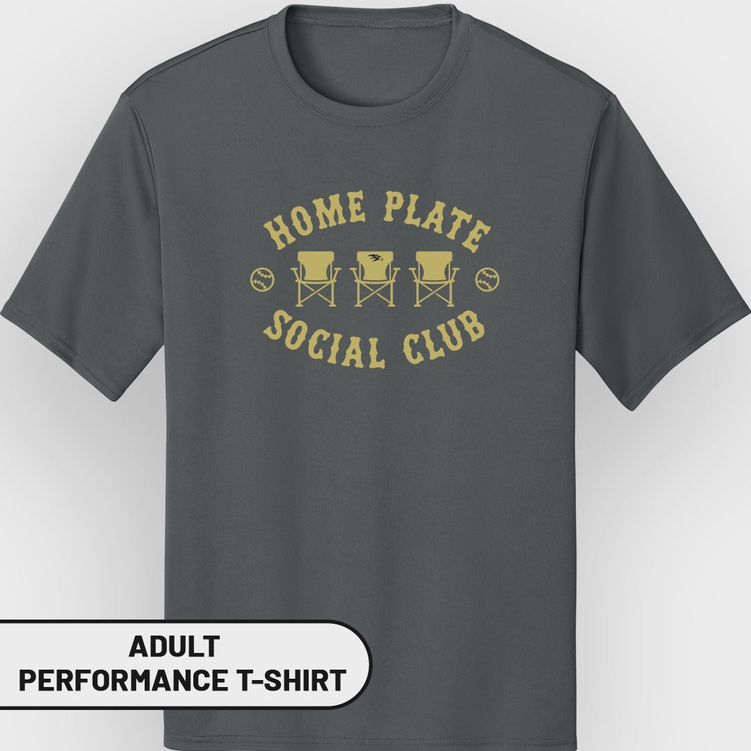 Gray adult performance t-shirt with "Home Plate Social Club" logo.
