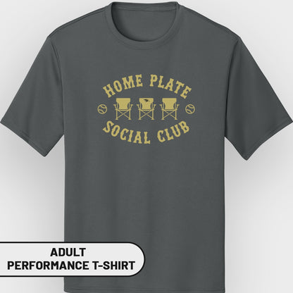 Gray adult performance t-shirt with "Home Plate Social Club" logo.