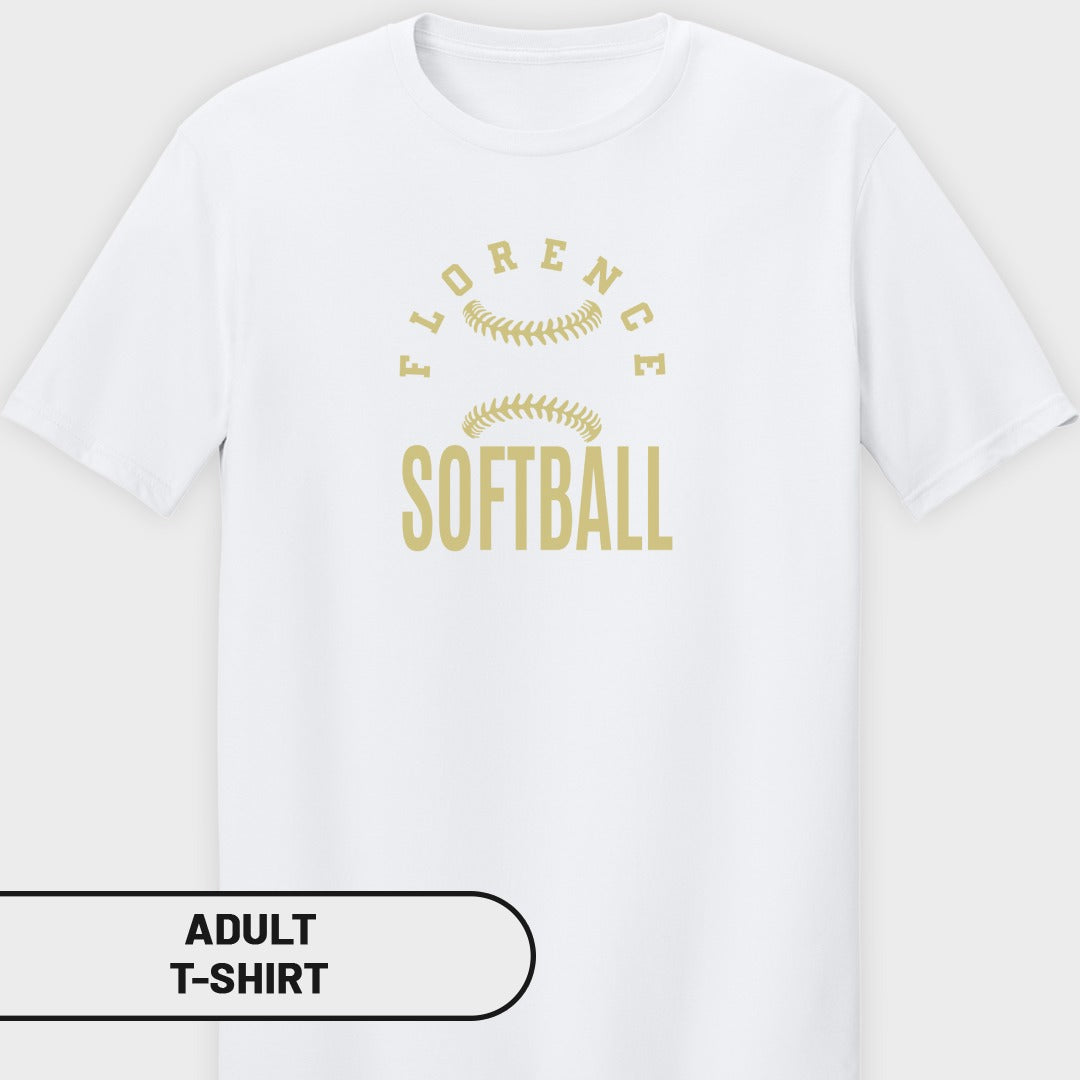 White adult t-shirt with "Florence Softball" text and baseball stitching graphic.
