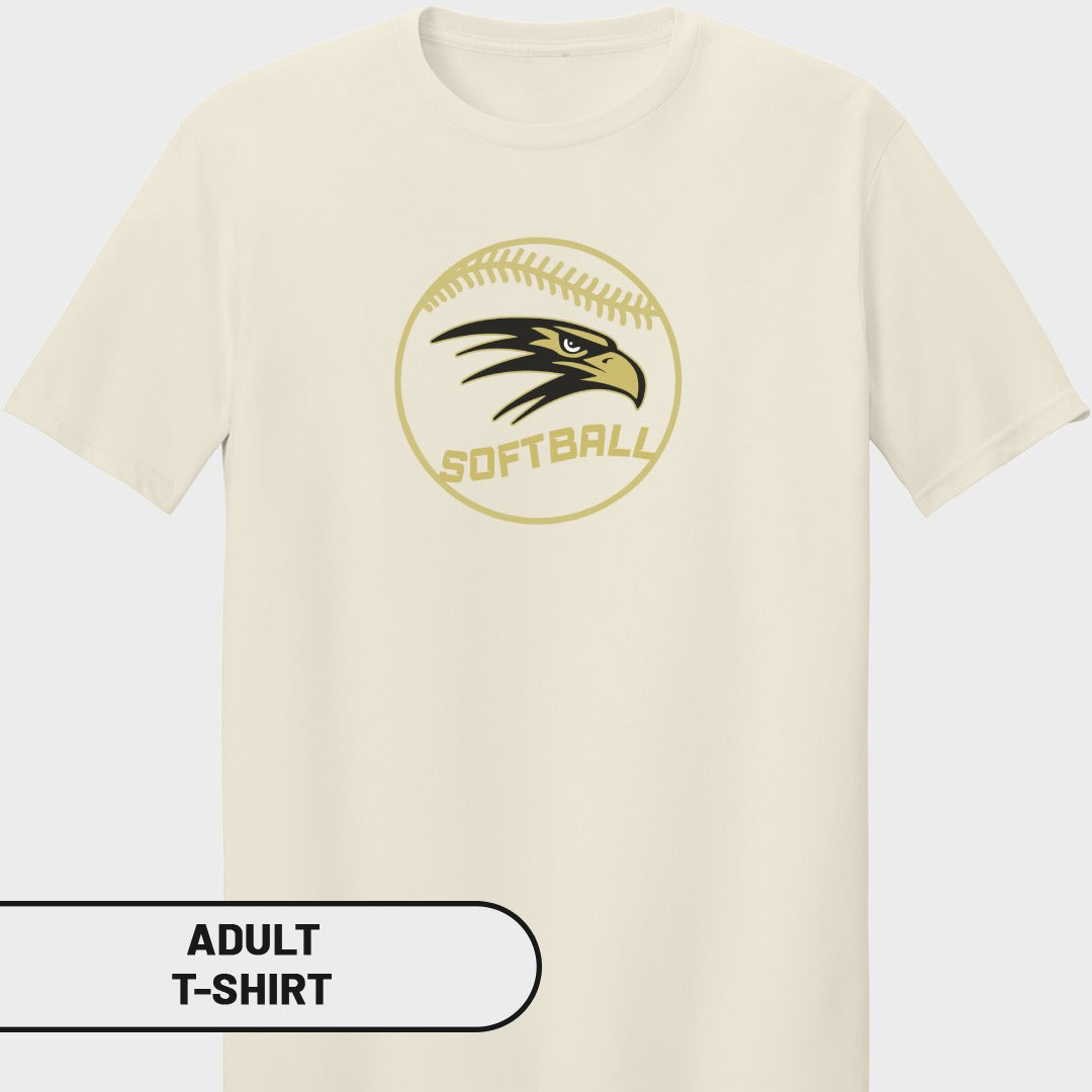 Cream t-shirt with gold softball logo featuring an eagle's head and text.