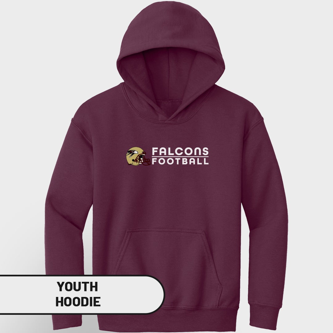 Maroon youth hoodie with white "FALCONS FOOTBALL" text and helmet logo.