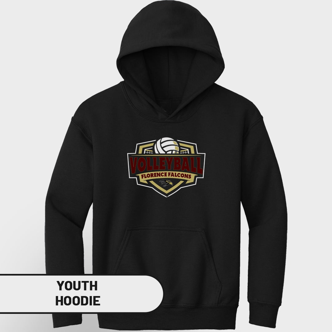 Black youth hoodie with "Volleyball Florence Falcons" graphic.