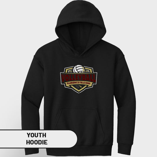 Black youth hoodie with "Volleyball Florence Falcons" graphic.