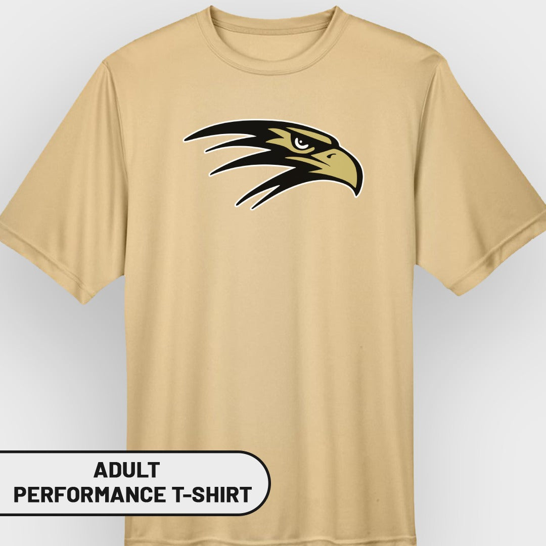 Tan adult performance t-shirt with black and gold eagle logo.