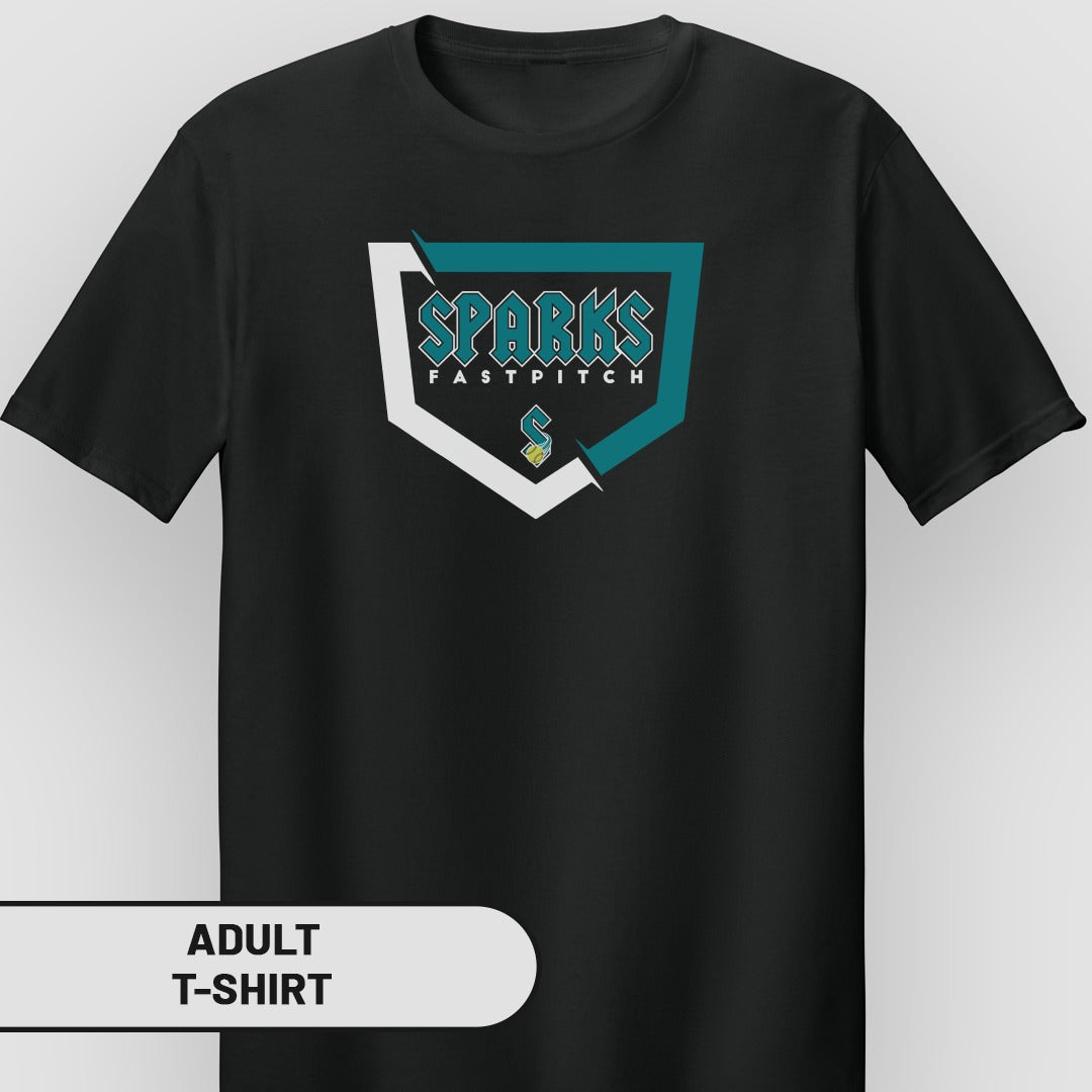 Black adult t-shirt with Sparks Fastpitch logo.
