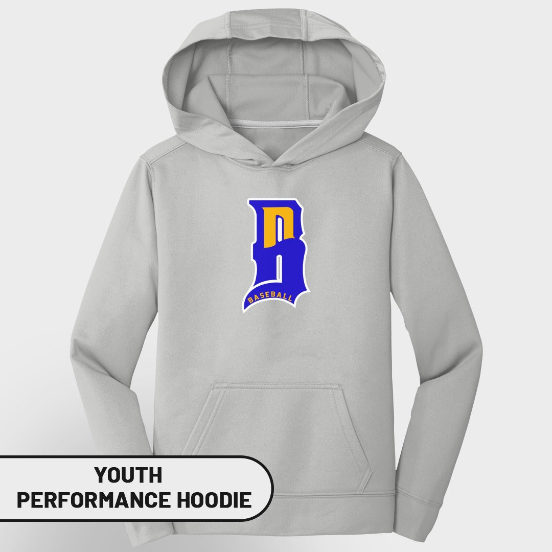 Light grey youth baseball performance hoodie with blue and gold 'B' logo.