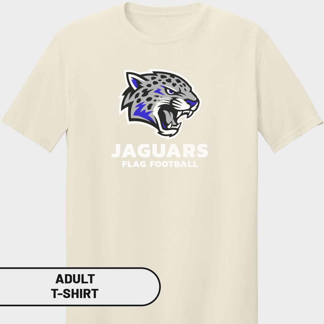 Cream adult t-shirt with a Jaguars flag football team logo.