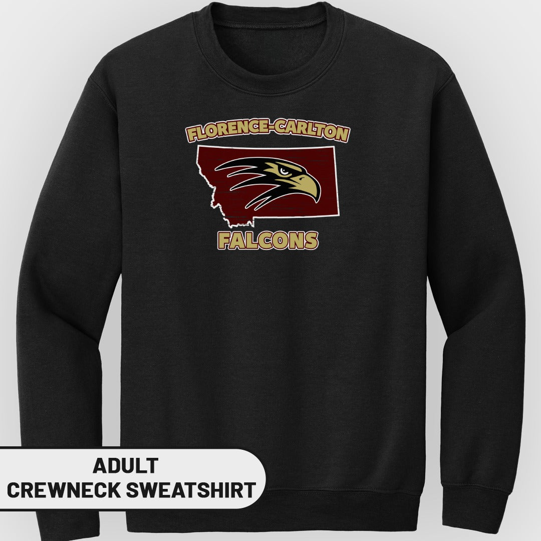 Black adult crewneck sweatshirt with Florence-Carlton Falcons Montana graphic.