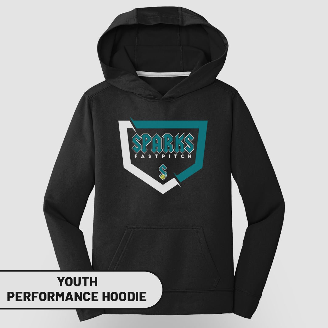 Youth black performance hoodie with Sparks Fastpitch logo.