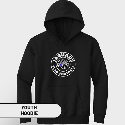 Black youth hoodie with Jaguars flag football logo on chest.
