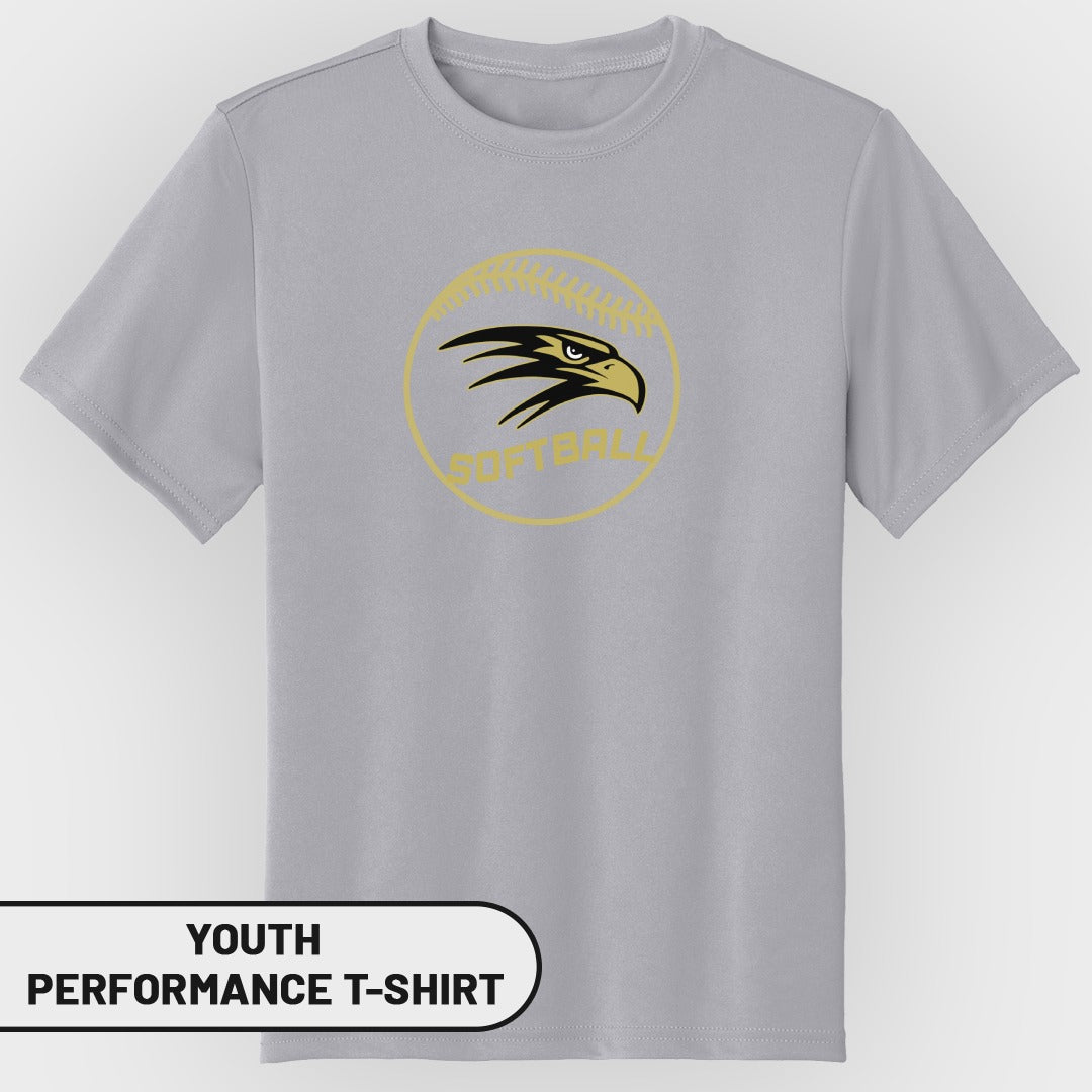 Grey youth performance t-shirt with gold softball eagle logo.