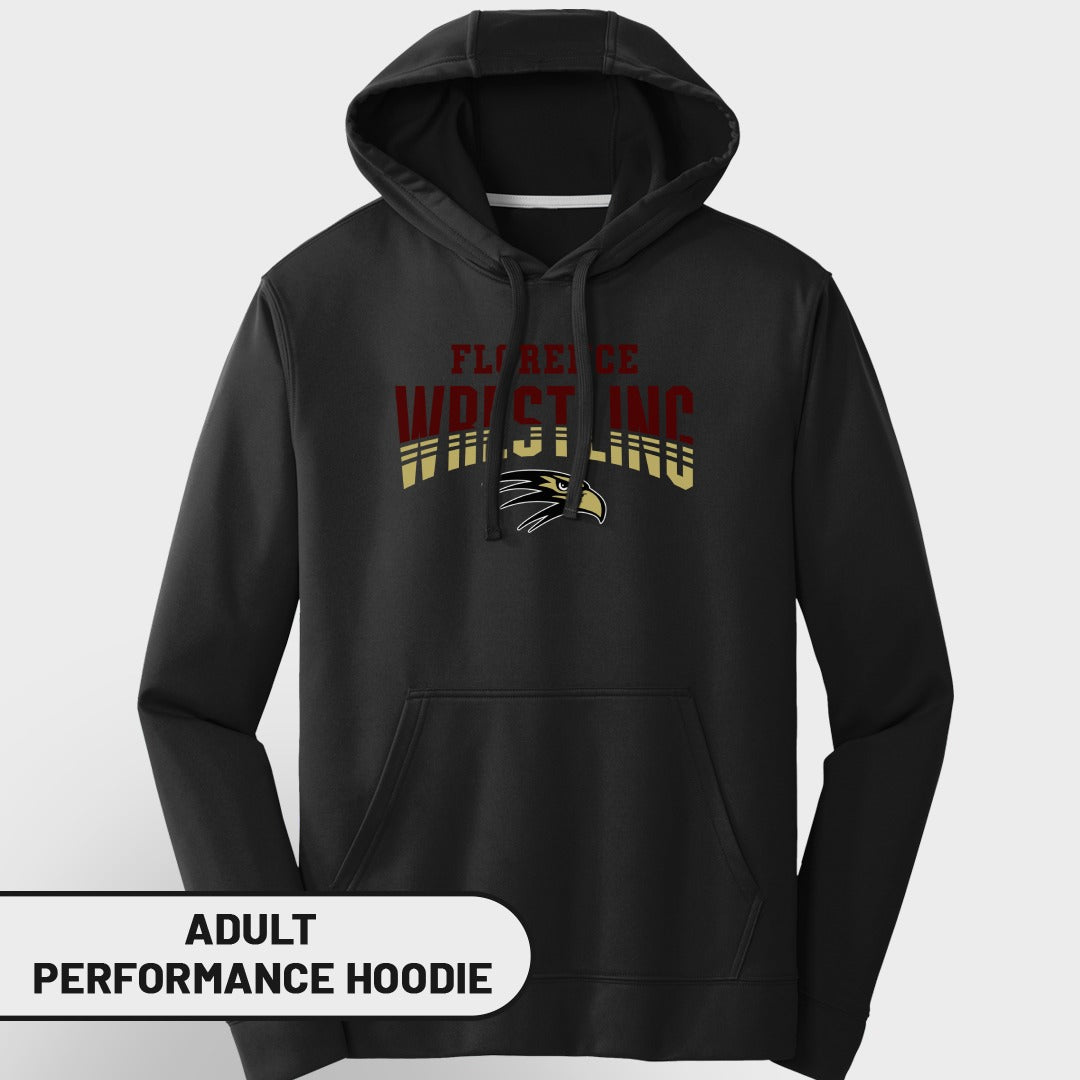 Black adult performance hoodie with Florence Wrestling eagle logo and text.