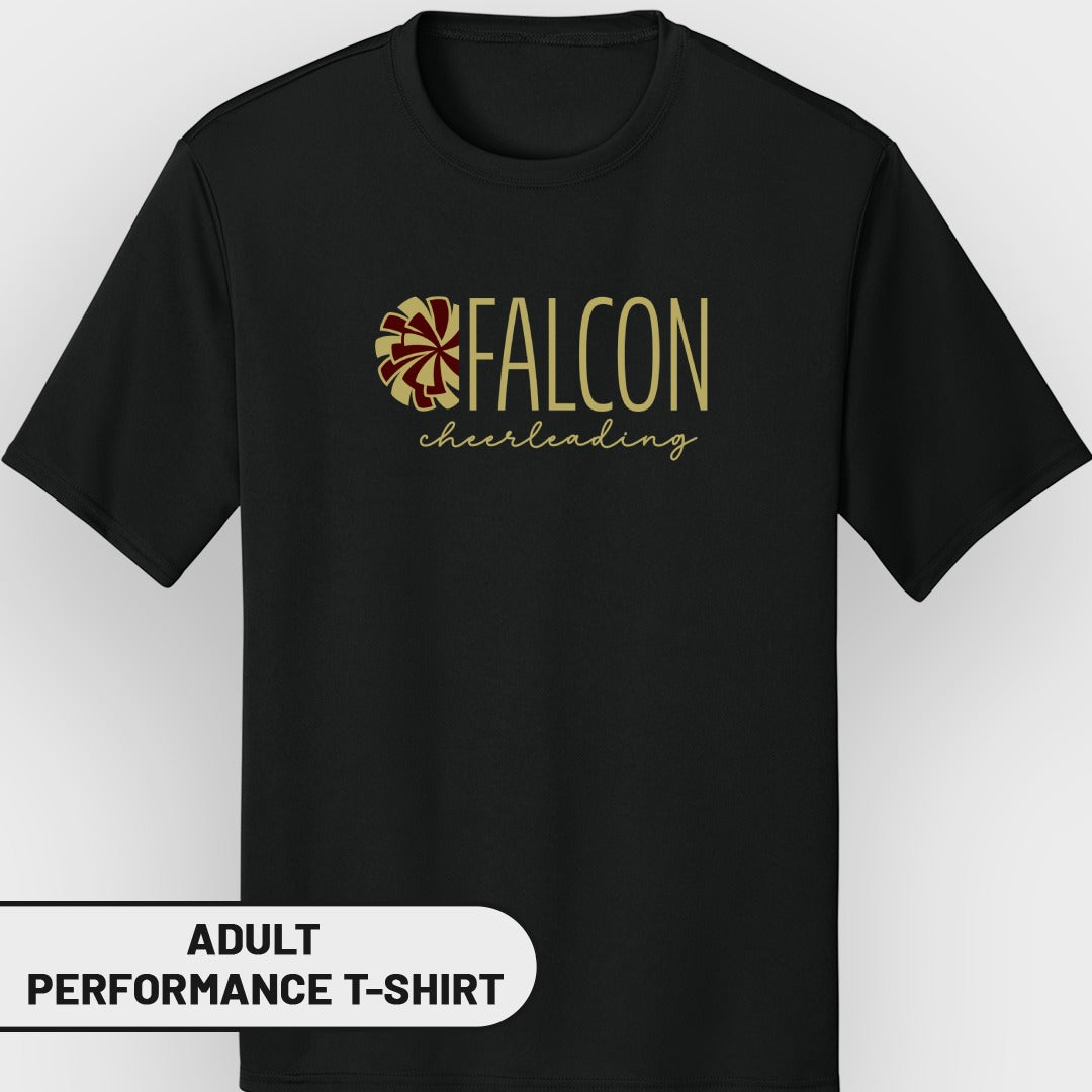Black adult performance t-shirt with gold "FALCON cheerleading" text and logo.