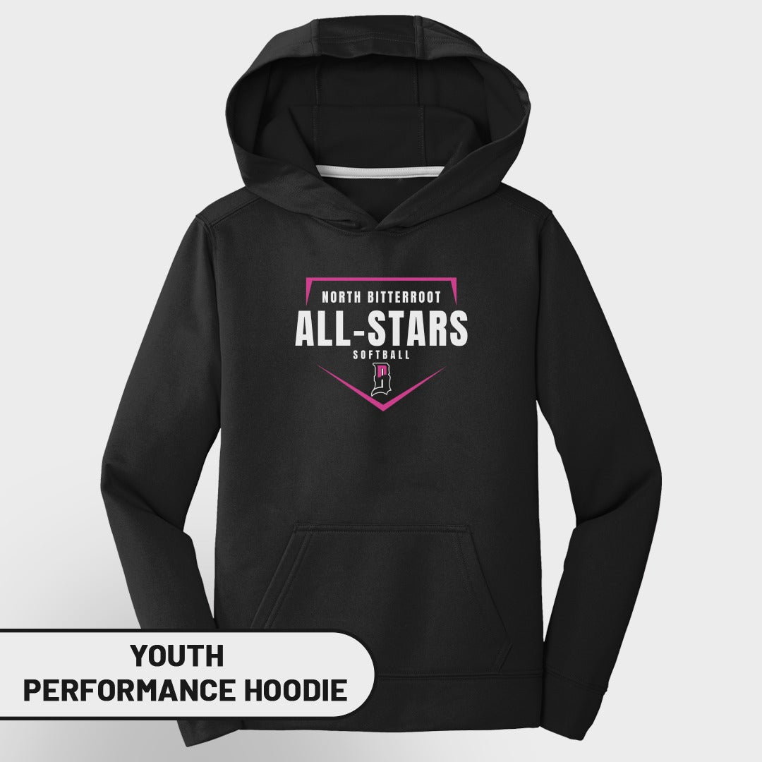 Youth North Bitterroot All-Stars softball black performance hoodie.