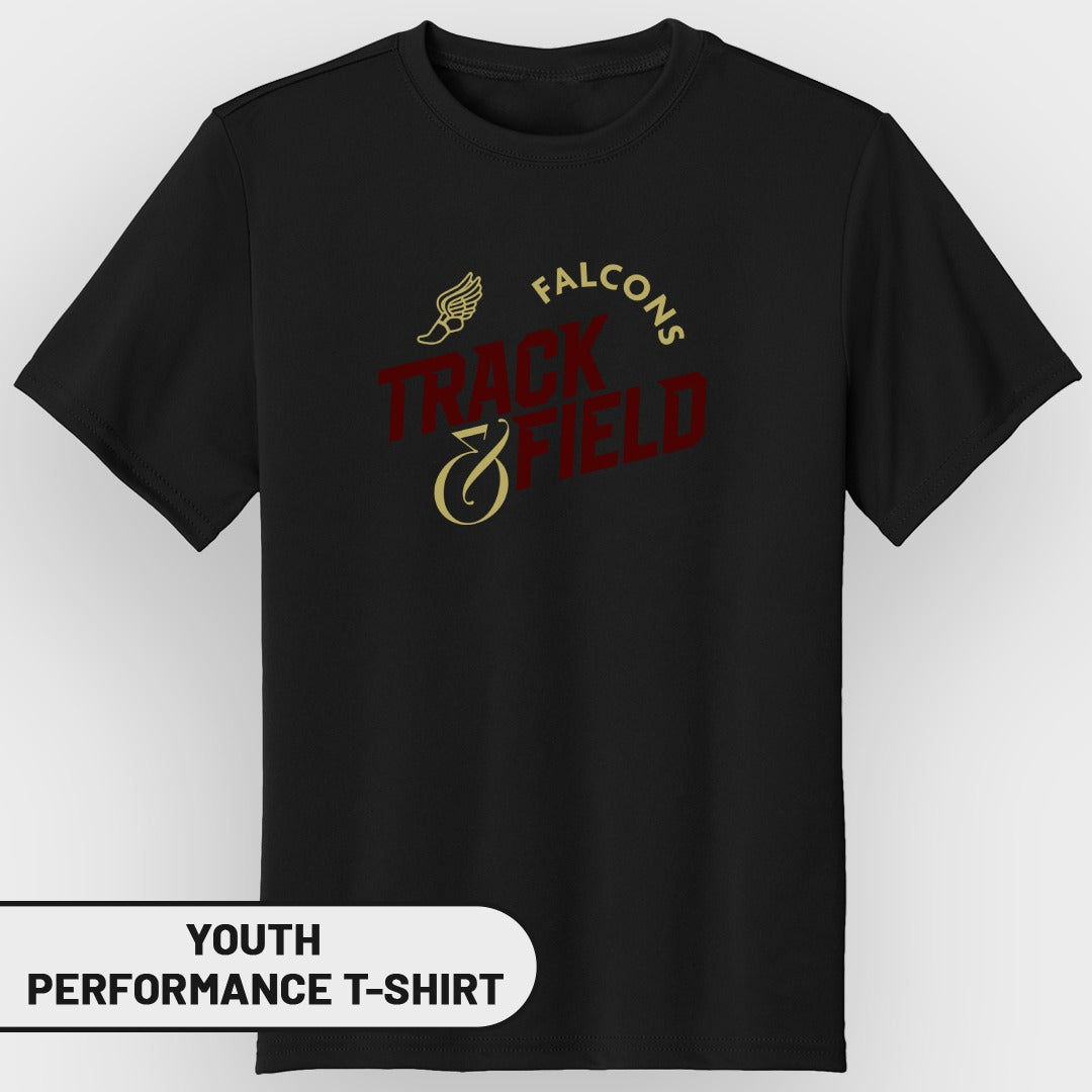 Black youth track and field t-shirt with "FALCONS TRACK & FIELD" graphic.