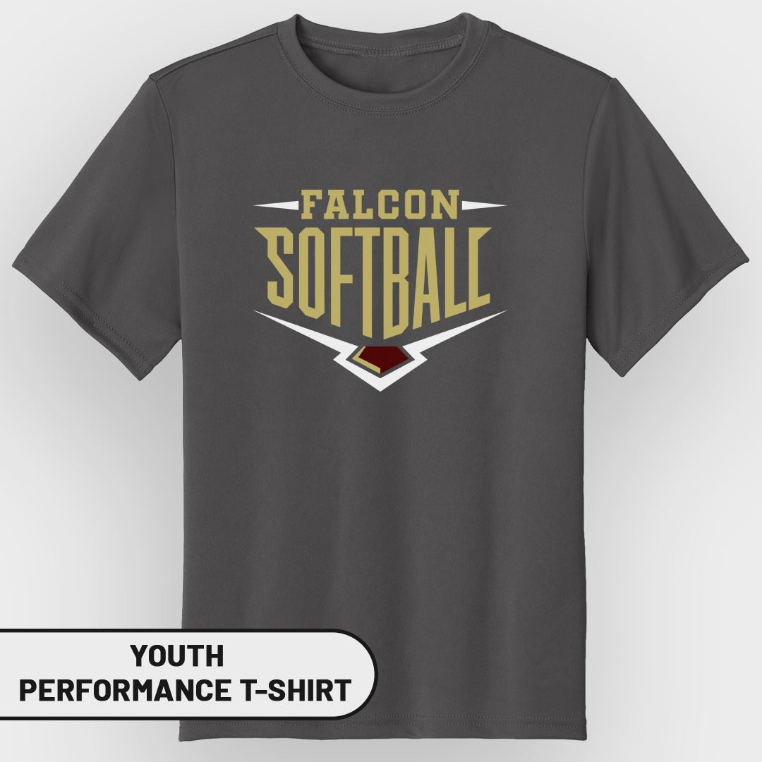 Youth performance t-shirt with "Falcon Softball" graphic in gold.