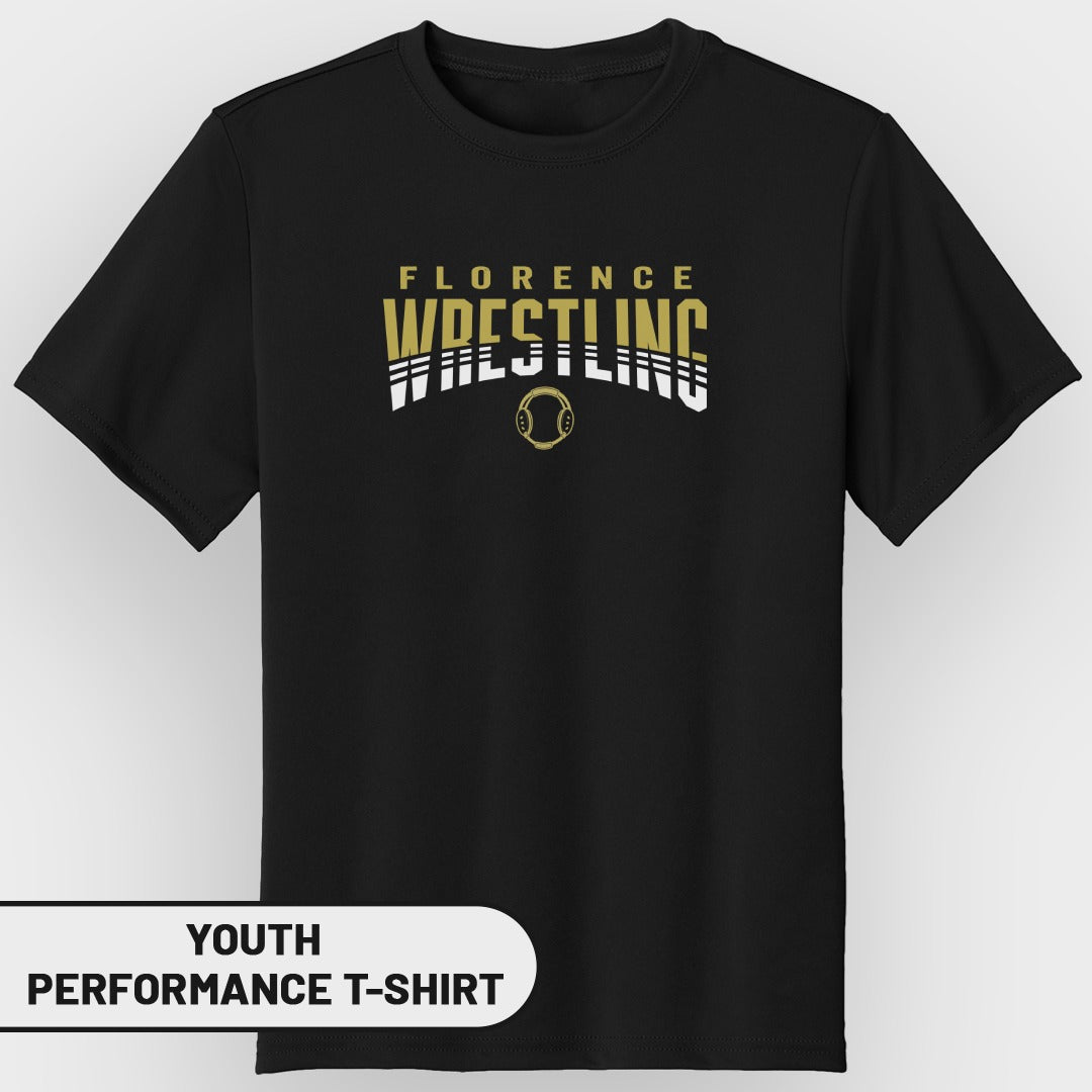 Black youth performance t-shirt with "Florence Wrestling" text and wrestling headgear graphic.